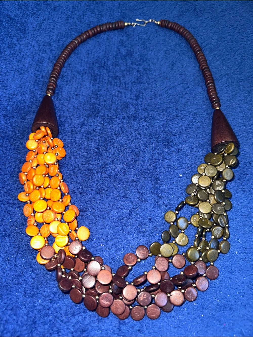 Vintage Boho Statement Necklace Orange Black Brown Disc Beads Artisan 28”